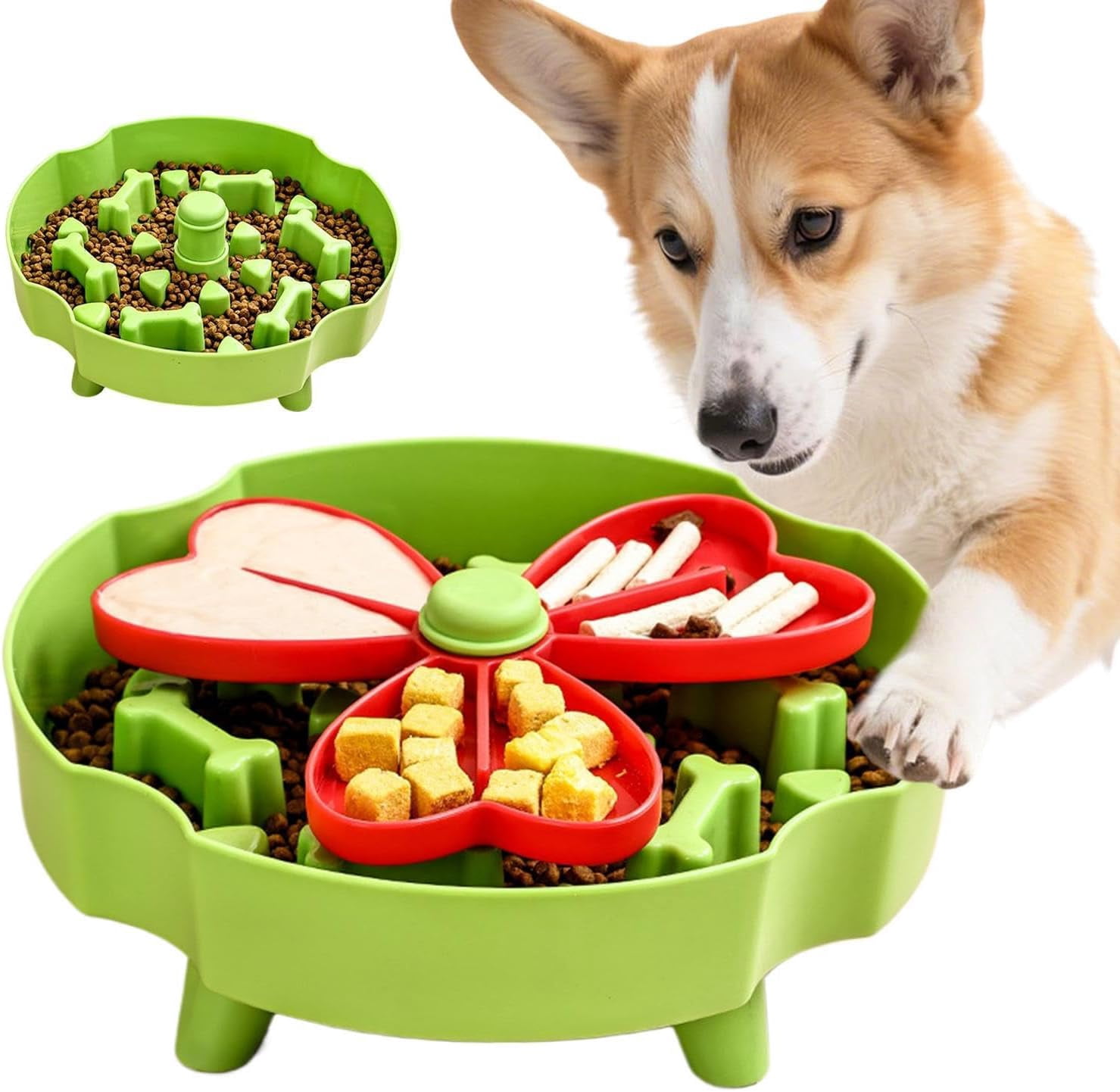 Slow Feeder Dog Bowl, Flower Shape, Rotating, Detachable, Non Slip, for Dogs Cats