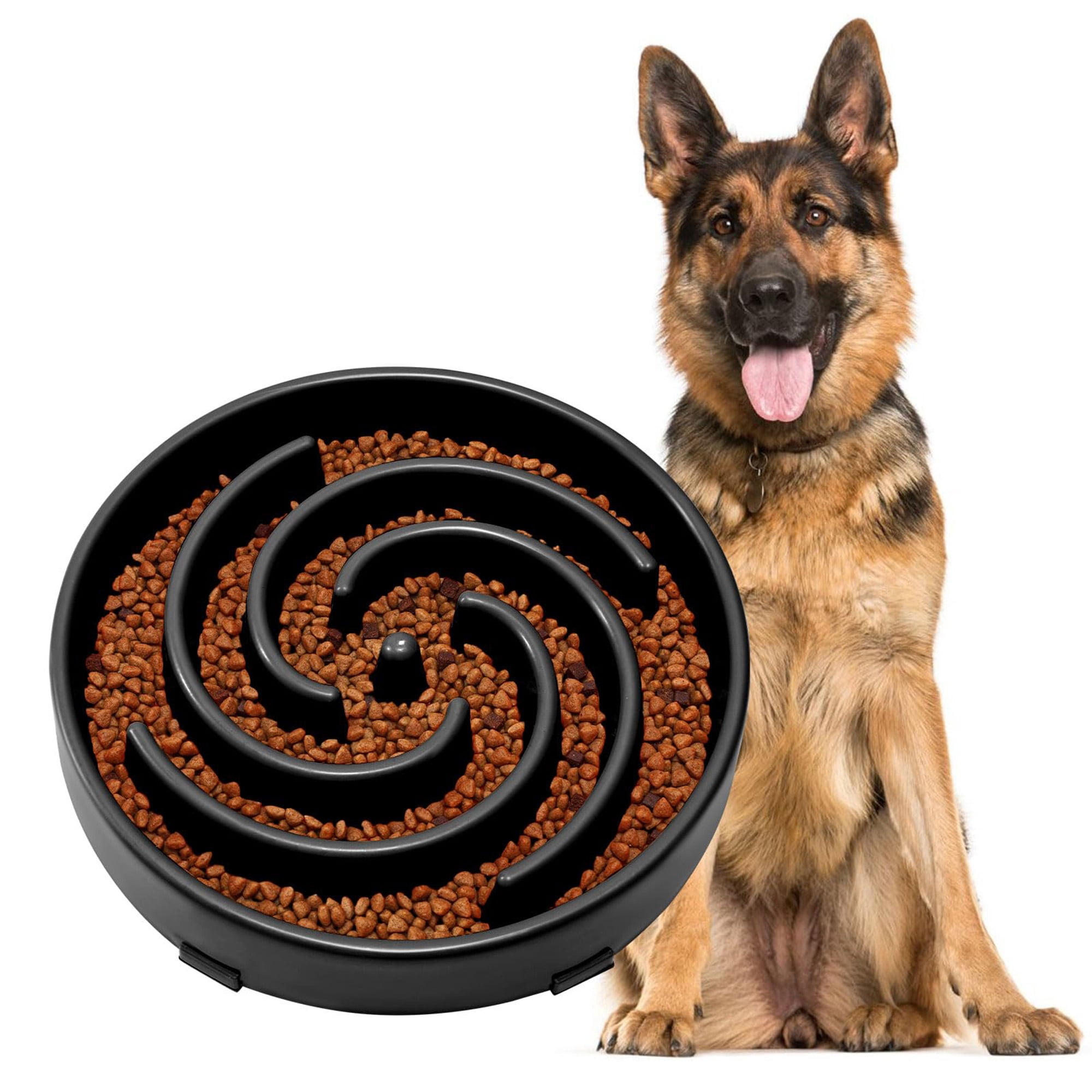 Slow Feeder Dog Bowl for Large and Medium Dogs, Gulping Pet Bowl to Preent Bloat and Choking, Spiral Maze Design for Eating, Non Slip Base with 6 Pads, Easy to Clean Dishwasher Safe, Black