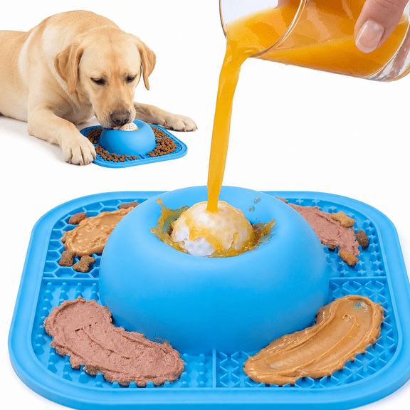 Slow Feeder Dog Bowl and Lick Mat, Non-Slip Interactive Dog Licking Bowl with Rolling Ball, Durable Slow Eating Toy for Liquid and Thick Snacks, Suitable for Small Medium Large Dogs and Cats, Blue