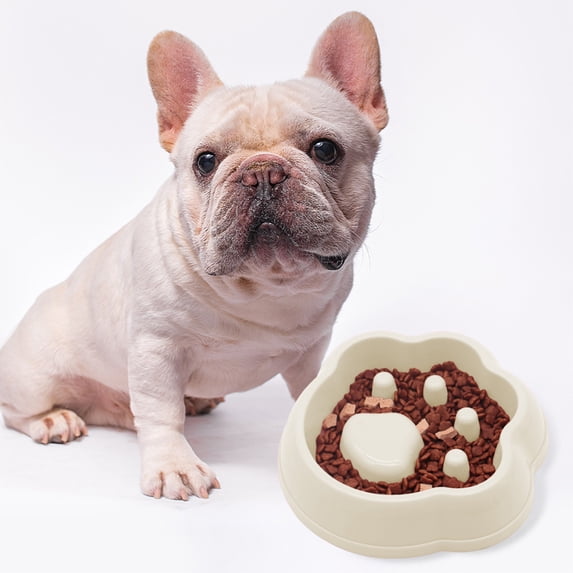 Slow Feeder Dog Bowl, Non-Choking Cat Food Bowl with Paw Print Obstacles, Slow Eating Pet Bowl for Cats Dogs, White
