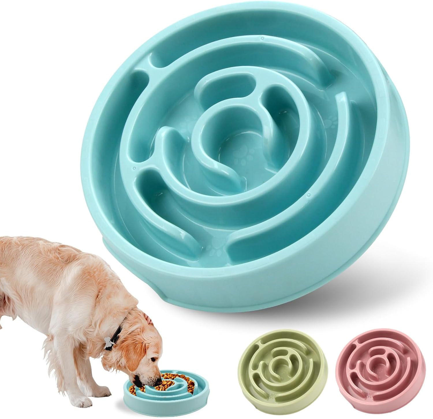 Slow Feeder Dog Bowl, Puzzle Feeder with Slip Base for Fast Eaters, Anxiety Relief and Mental Stimulation for Dogs and Cats, Boredom Reducer for All Breeds, Blue