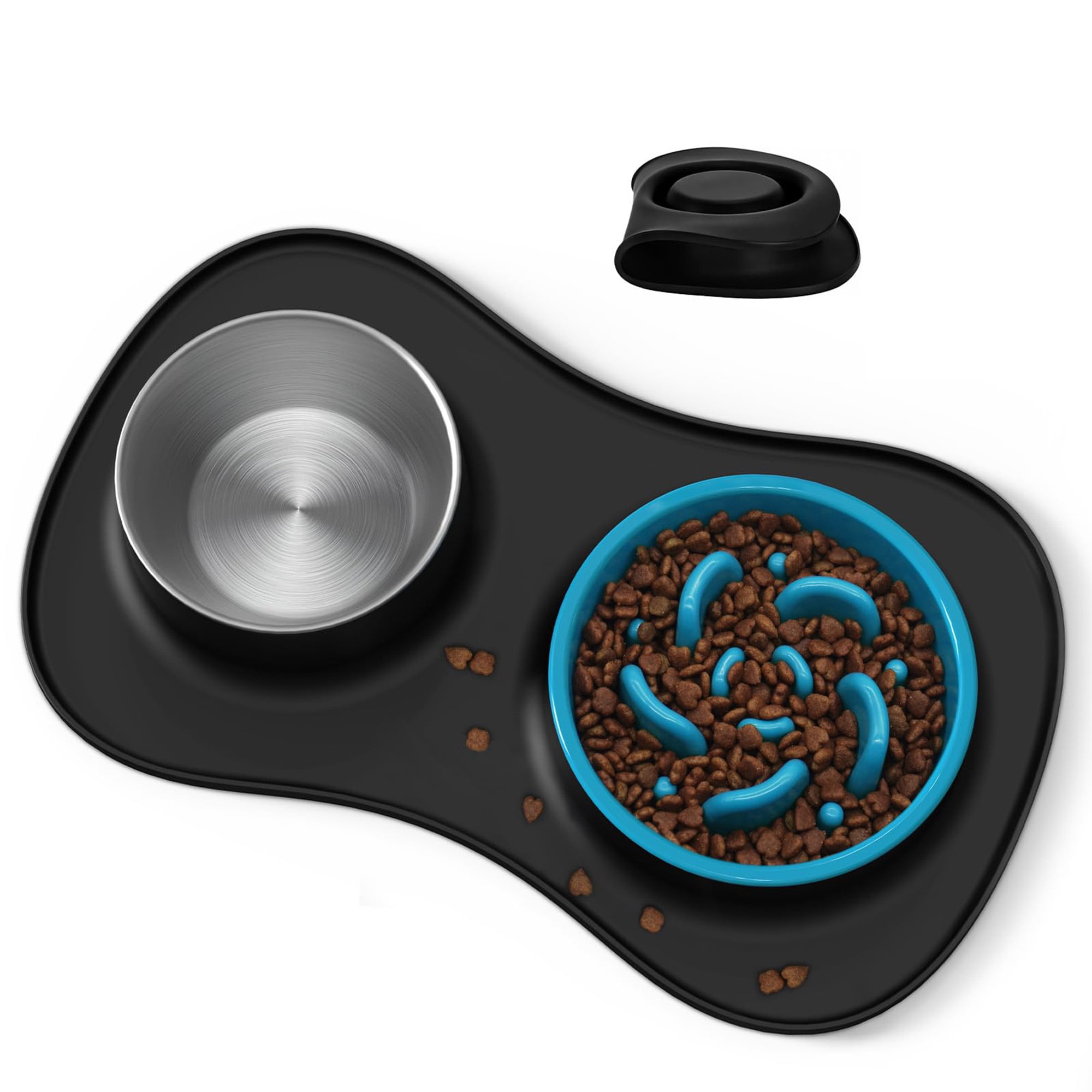 Slow Feeder Dog Bowl Set, 3 in 1 Stainless Steel Water Bowl with Non Spill Silicone Mat, Choking Pet Dishes for Small Medium Large Breed Dogs Cats, Easy to Clean, Space Saing Design, Black
