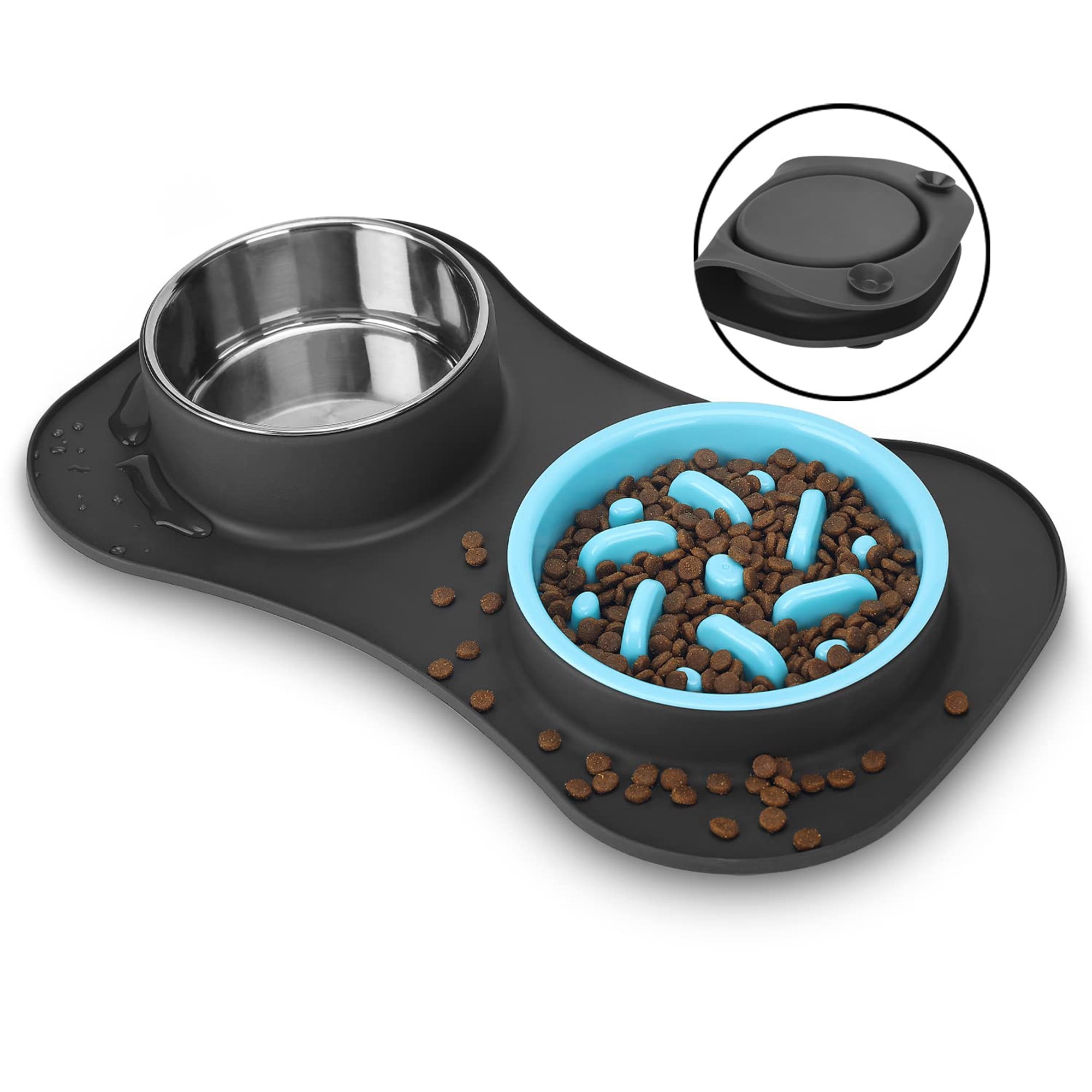 Slow Feeder Dog Bowl Set, 3 in 1 Stainless Steel and Water Bowls with Non Slip Silicone Mat, Slow Eating Solution for Large Medium Small Dogs and Cats to Preent Choking and Bloating, Black
