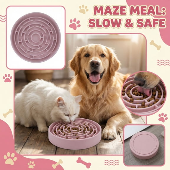 Slow Feeder Dog Bowls, Puzzle Silicone Dog Feeding Bowls with Suction Cups, Anti-Choking, Non-Slip Design, Reduces Boredom, Anxiety, Ideal for Medium to Small Dogs & Cats(Pink,8.3")