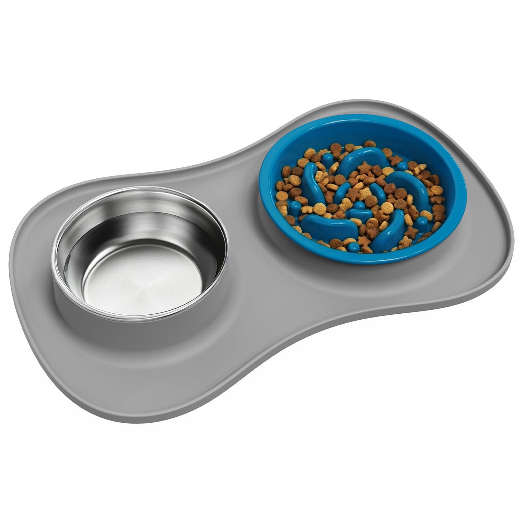 Slow Feeder Dog Bowls Stainless Steel, 3 in 1 No Spill Dog and Water Bowl Set with Non Slip Silicone Mat, Puppy Feeding Station for Large Medium Small Breeds, Gray