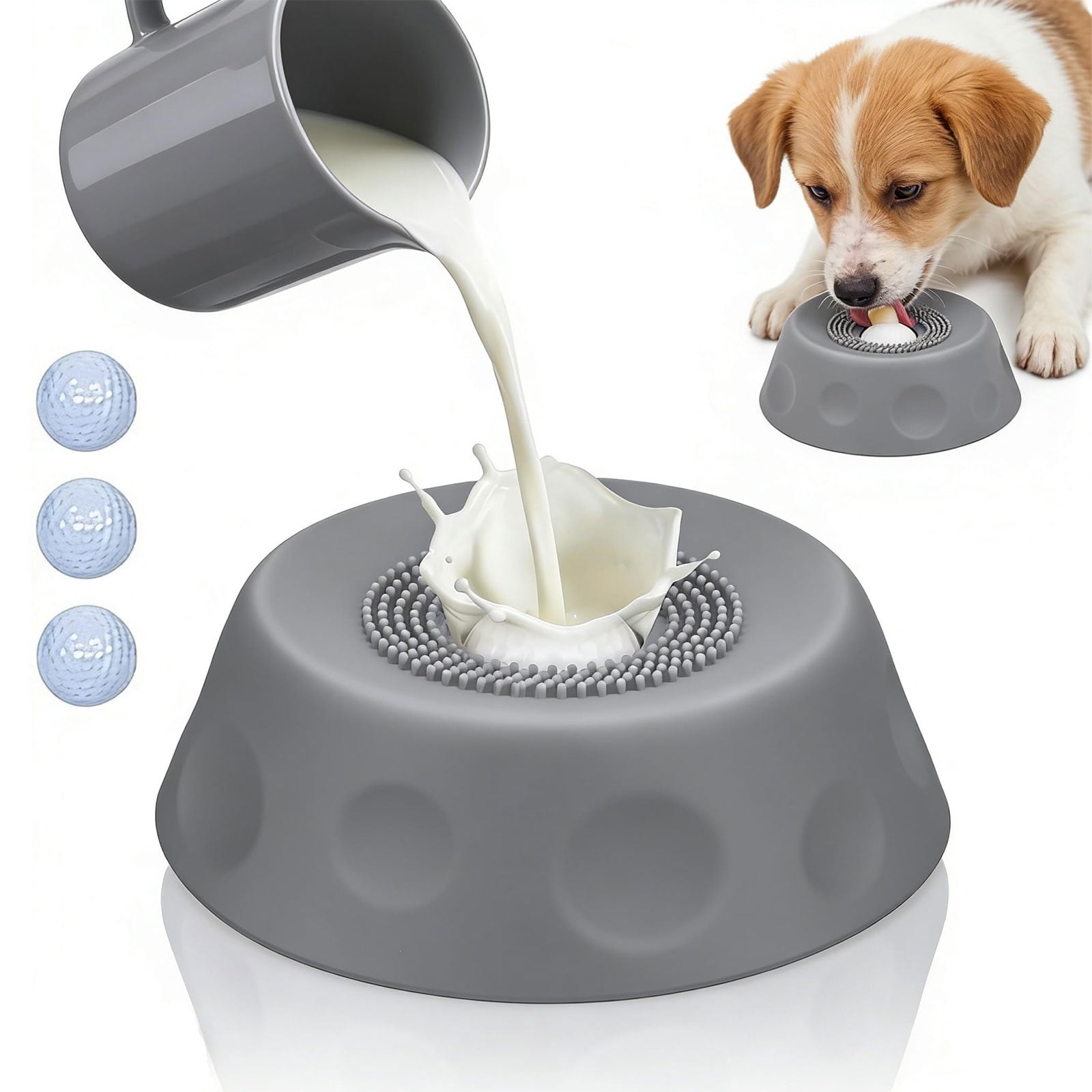 Slow Feeder Dog Lick Bowl with Rolling Ball – Anti-Slip Silicone Puzzle Feeder for Liquid Treats, Bone Broth, Yogurt, Wet Food – Anxiety Relief Enrichment Toy for Large Medium Small Dogs Cats(Grey)