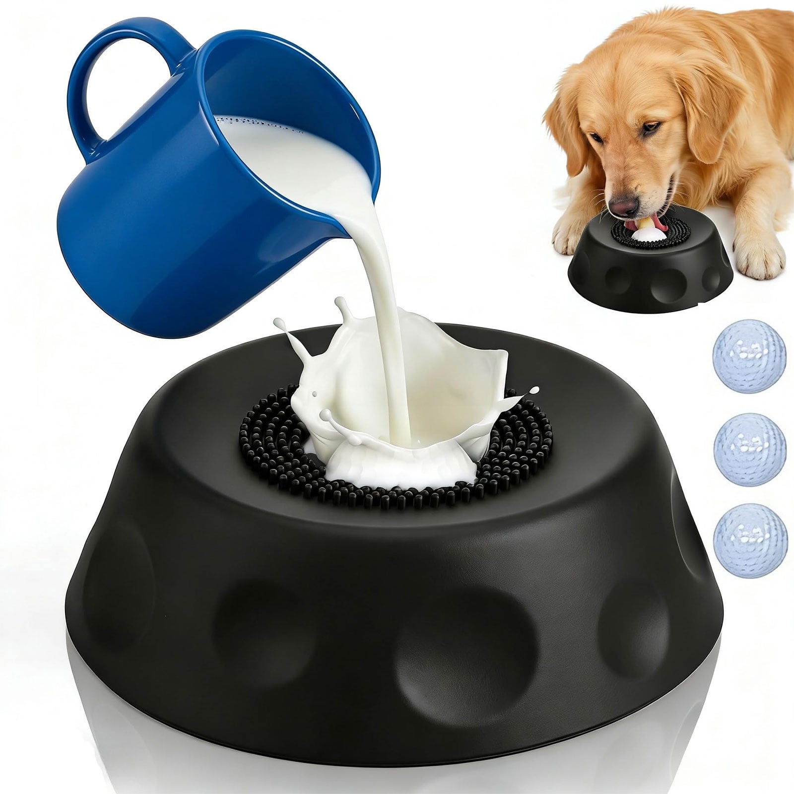 Slow Feeder Dog Lick Bowl with Rolling Ball – Anti-Slip Silicone Puzzle Feeder for Liquid Treats, Bone Broth, Yogurt, Wet Food – Anxiety Relief Enrichment Toy for Large Medium Small Dogs  Cats(Black)