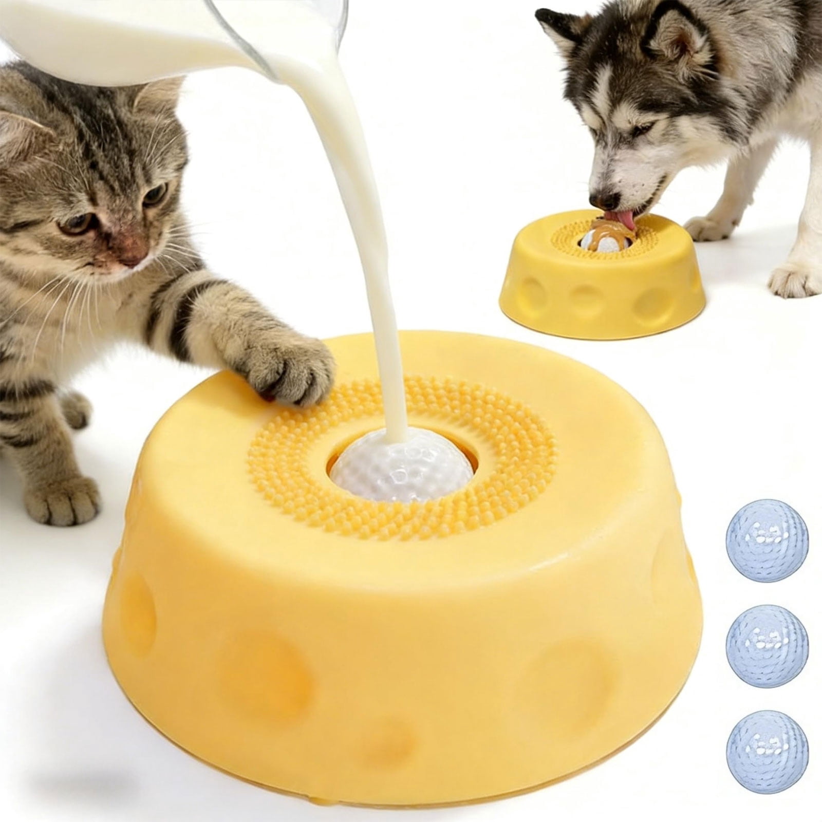 Slow Feeder Dog Lick Bowl with Rolling Ball – Anti-Slip Silicone Puzzle Feeder for Liquid Treats, Bone Broth, Yogurt, Wet Food – Anxiety Relief Enrichment Toy for Large Medium Small Dogs Cats(yellow)
