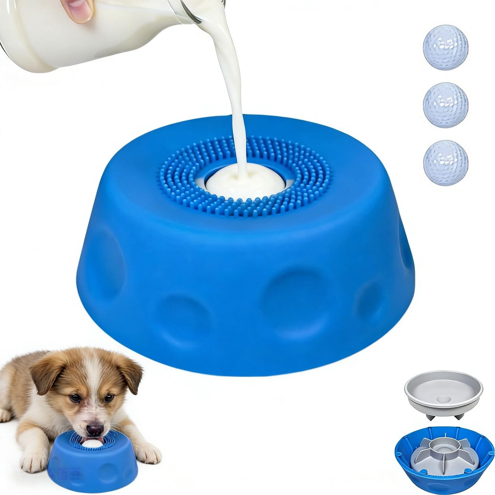 Slow Feeder Dog Lick Bowl with Rolling Ball – Anti-Slip Silicone Puzzle Feeder for Liquid Treats, Bone Broth, Yogurt, Wet Food – Anxiety Relief Enrichment Toy for Large Medium Small Dogs & Cats(Blue)