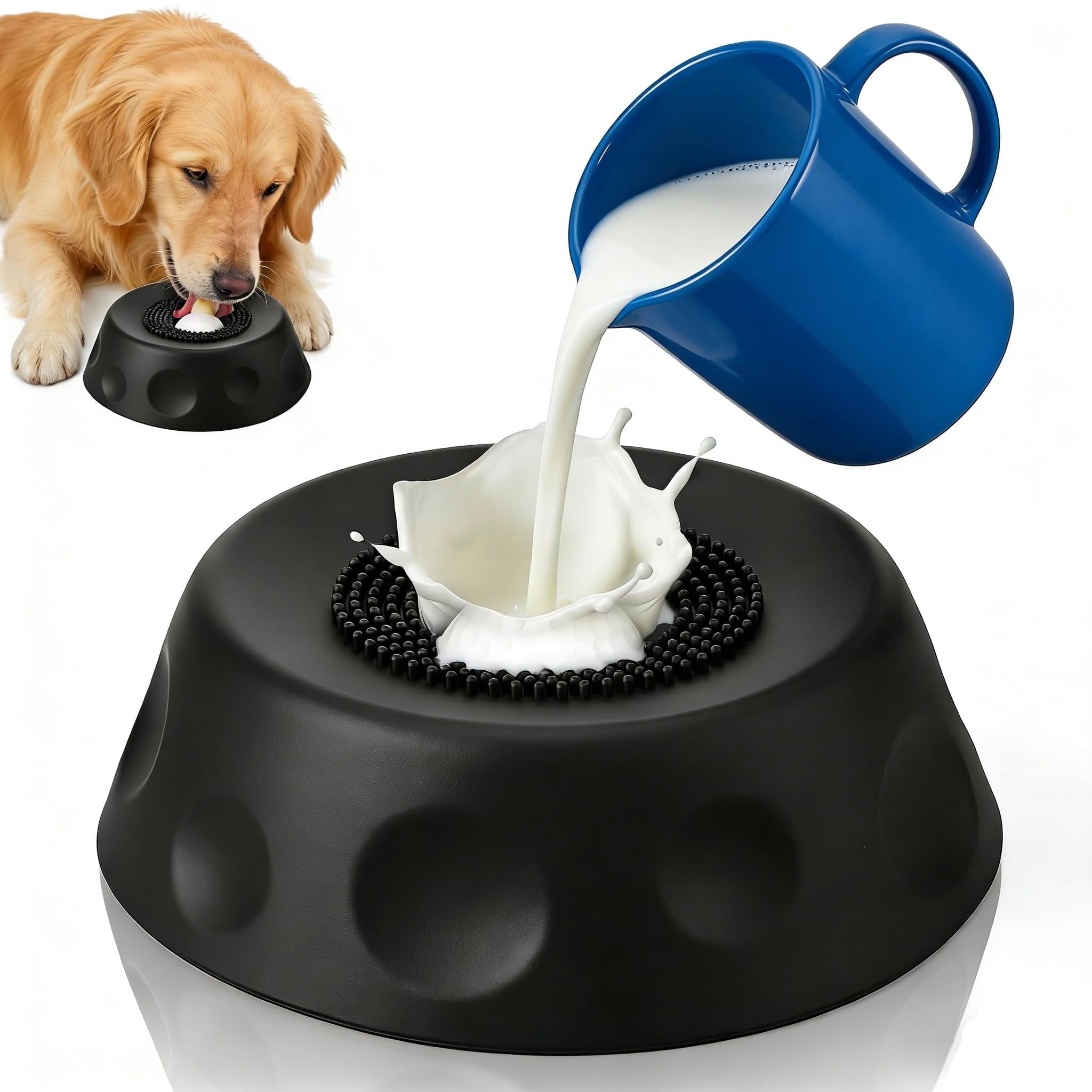 Slow Feeder Dog Lick Bowl with Rolling Ball, Lick and Roll Bowl for Dogs, Anti-Slip Silicone Puzzle Feeder for Liquid Treats, Anxiety Relief Toy for Dogs Cats（Black）