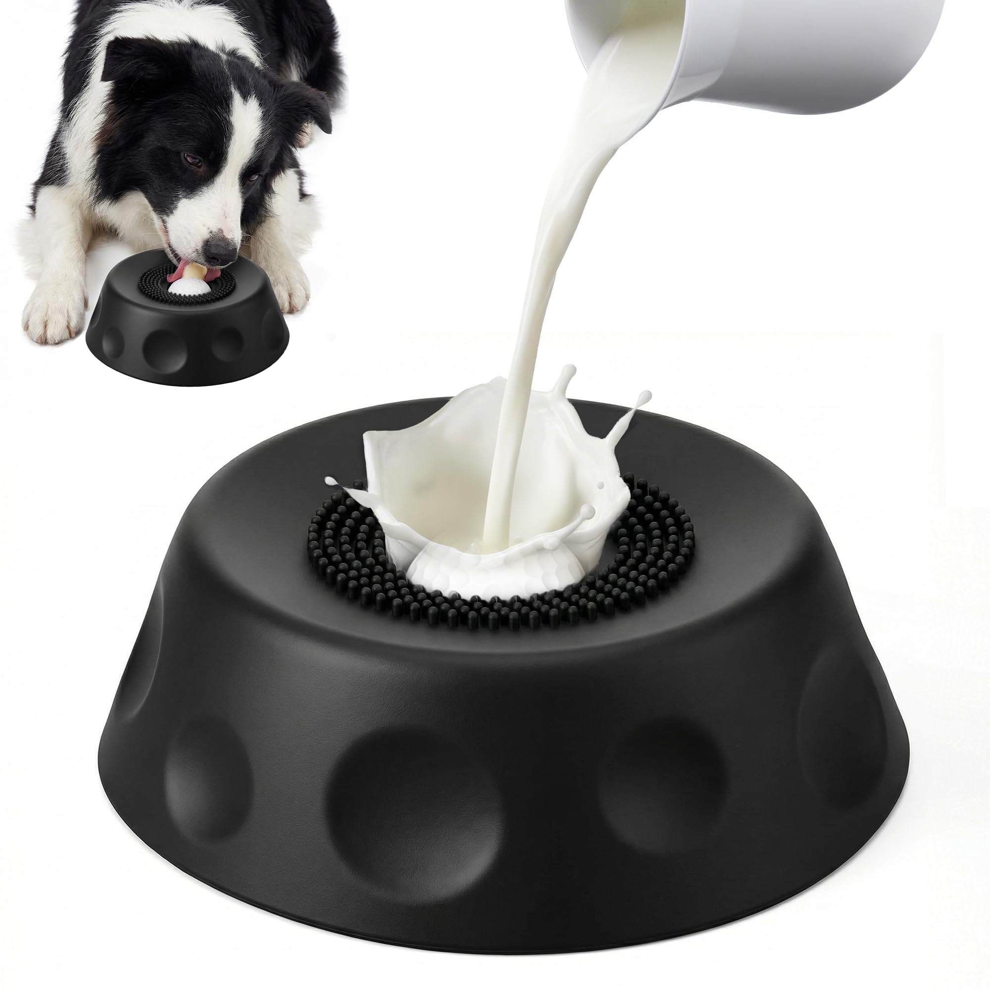 Slow Feeder Dog Licking Bowl with Rolling Ball, Interactie Lick Mat for Dogs and Cats, Slip Pet Bowl for Yogurt Bone Broth Liquid Treats, Mental Stimulation Toy for Large Medium Small Pets, Black