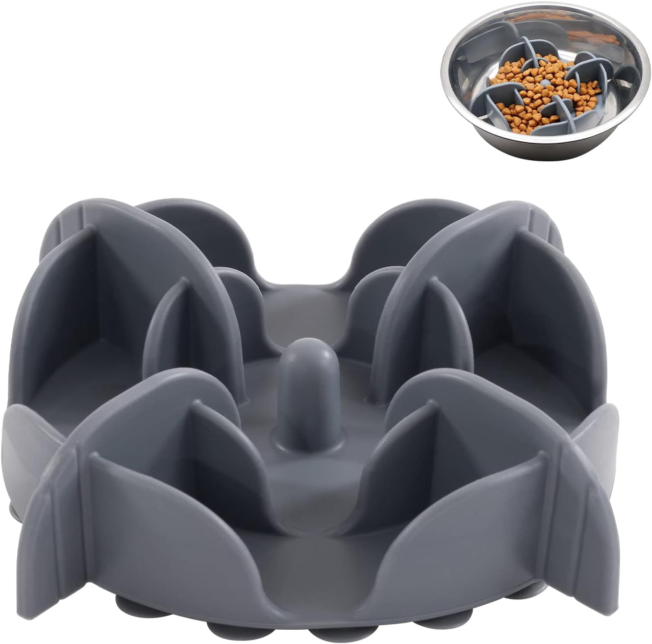 Slow Feeder Insert for Small Dogs, Silicone Pet Feeder Accessory with Dividers & Suction Cups, Dishwasher Safe, 5x5 inches, Grey