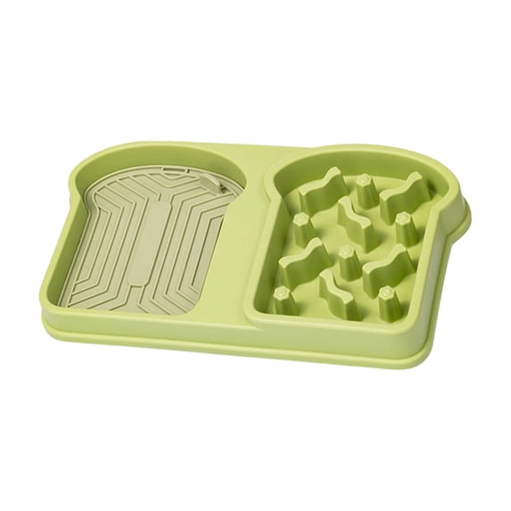 Slow Feeder Pet Bowl, Bread Shaped 2-in-1 Double Dish Detachable Licking Pad Non-Spill Interactive Puzzle Feeder To Prevent Choking Indoor Cats Small Canine Breeds. Green