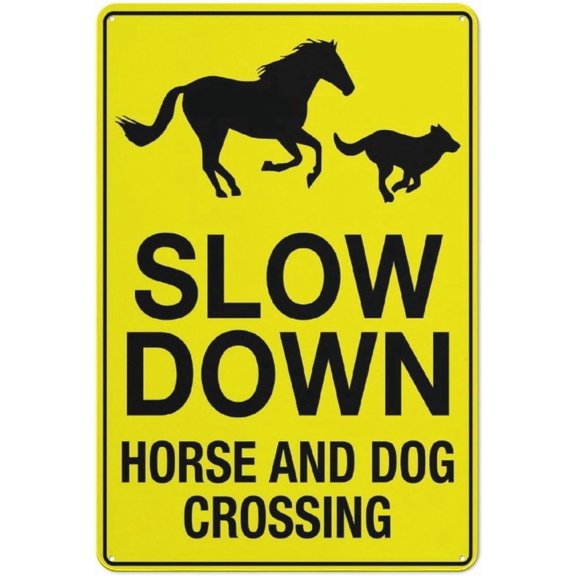 Slow Down Horse and Dog Crossing Dual Animala Metal Sign 8x12 Inch for Farm Equestrian Rural Road Neighborhood Street Yard Outdoor Indoor Equine Canine Crossing Reminder Caution Marker Notice