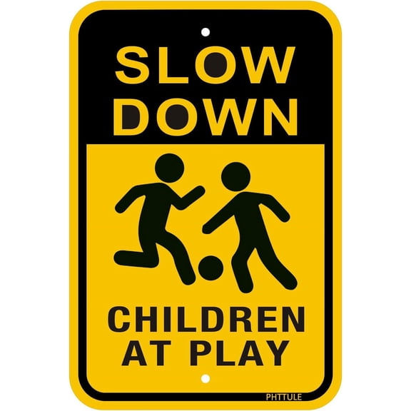 Slow Down Kids and Pets at Play Signs, 18" x 12" Reflective Metal Safety Sign for Neighborhood Driveway or Yard, 40Mil Rust Free Aluminum Weather Resistant Waterproof