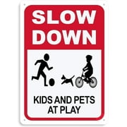 Slow Kids Pets at Play Sign, 8x12 Inch, Slow Down Sign for Street, Lawn Neigh borhoods