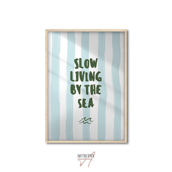 Slow Living by the Sea Blue Striped Wall Art Preppy Coastal Print Bedroom Wall Print Living Room Poster Trendy Summer Art