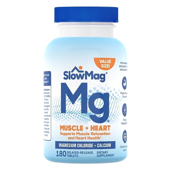 SlowMag Muscle + Heart Magnesium Chloride with Calcium Supplement to Support Muscle Relaxation, Occasional Muscle Cramping & Heart Health, High Absorption, 180 Count