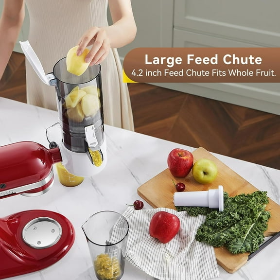 Slow Masticating Juicer Attachment for KitchenAid Mixer, 4.2" Wide Feed Chute for Whole Produce, Cold Press Juicing with 2×28Oz Juice Cups & Extra Blade, Easy to Use & Clean