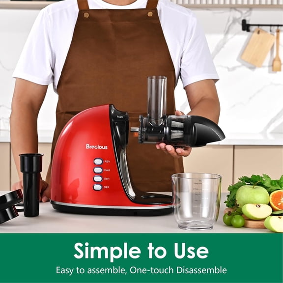 Slow Masticating Juicer, Cold Press Fruit Vegetable Extractor with Quiet Motor & Reverse Function,  Easy Clean (Red)