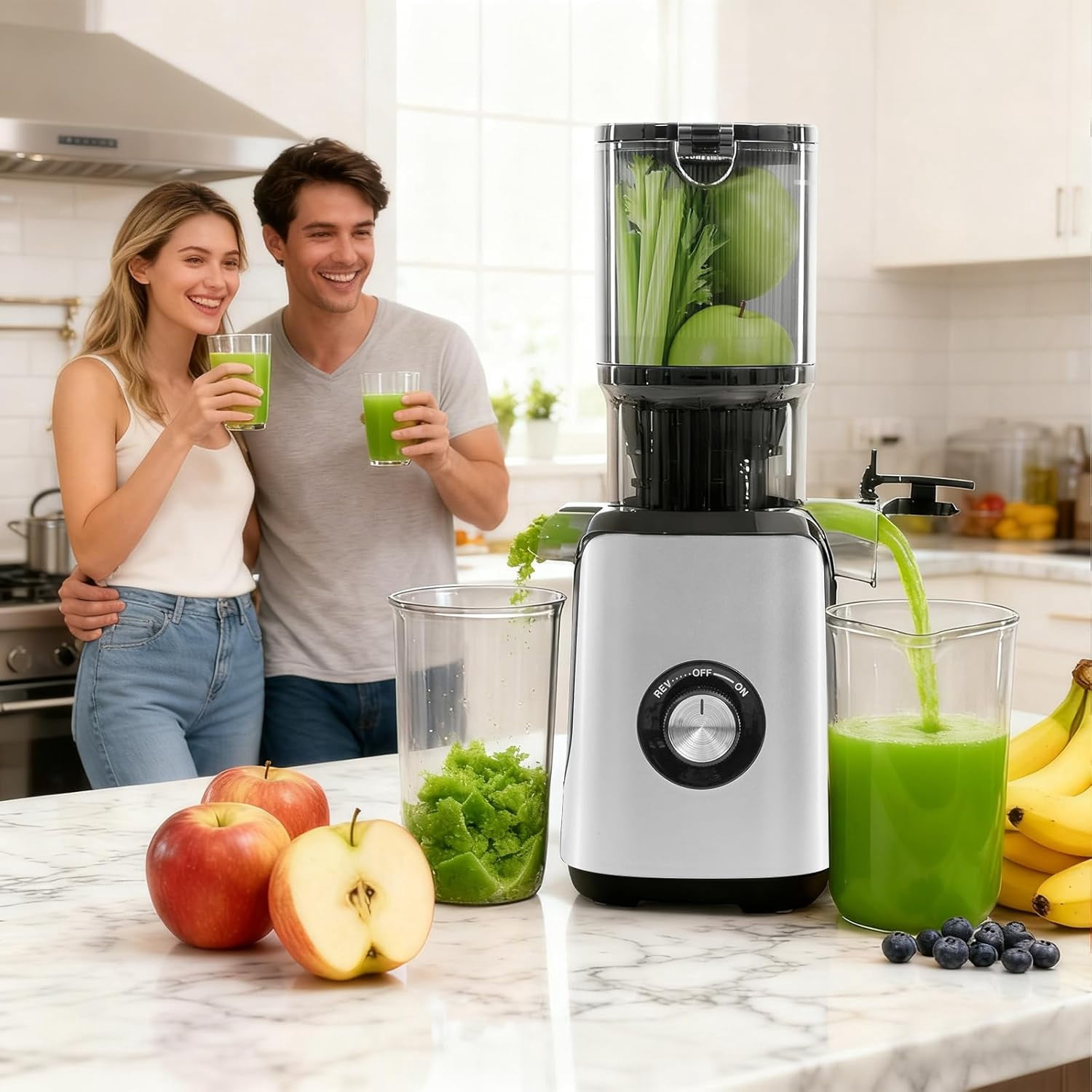 Slow Masticating Juicer Machines, Cold Press Juicer with Safety Lock & Reverse Function, 4.25 Feed Chute for Whole Fruits Vegetables, High  Yield, Silver
