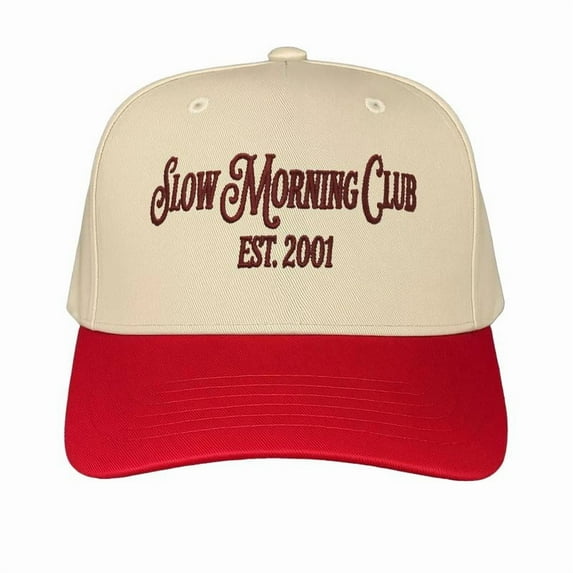 Slow Morning Club Embroidered Trucker Hat, Adjustable Snapback Cap with Vintage-Inspired Font, Perfect for Coffee Lovers, Chill Days, or Aesthetic Casual Outfits