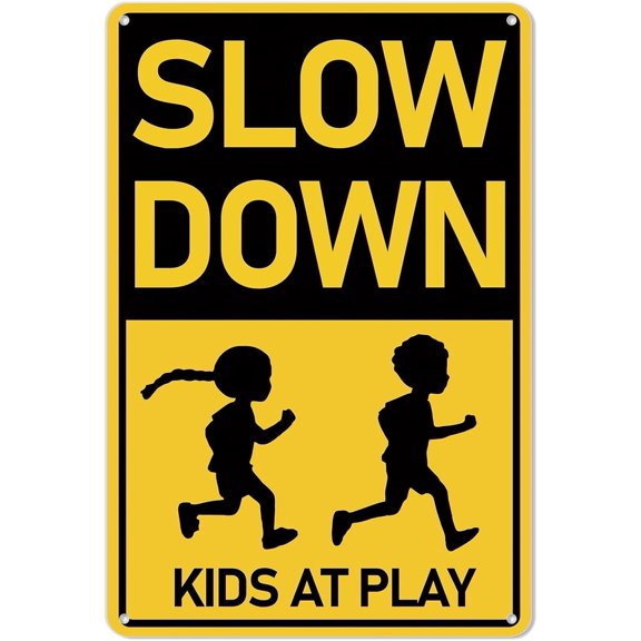 Slow Down at Play Road Metal Aluminum Sign 8x12 Inch Wall Decor Neighborhoods Outdoor Indoor Driveway Yard School Park Farm Garage Use Sturdy Clear Printing Easy Mounting Fade Long Term Outdoor Use