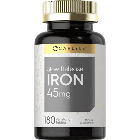 Slow Release Iron 45 mg | 180 Tablets | Vegetarian Formula | Ferrous Sulfate | by Carlyle