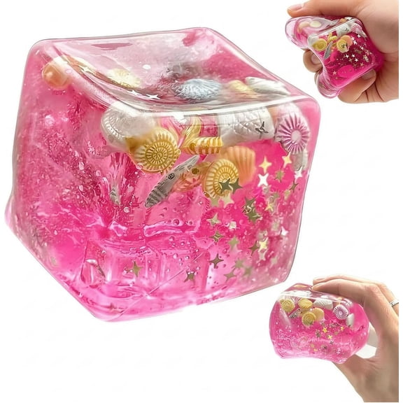 Slow Rising Ice Cube Stress Ball, Pink Marine Shells Filled Transparent Cube, Soft Stretchy Squeeze Toy for Office & Classroom (1PCS)