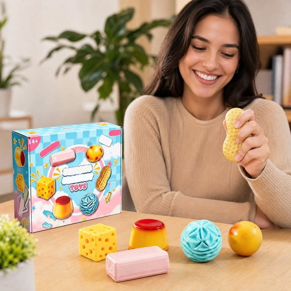 Slow Rising Squishy 6 Pack,Food Squishy Gentle Decompression Hand Toy Kit, With Cheese, Pudding,Butter, Peanut, Round Bun, Blue Cream Flower, Fidget Squishy, Wonderful Present For Teen Birthday Party
