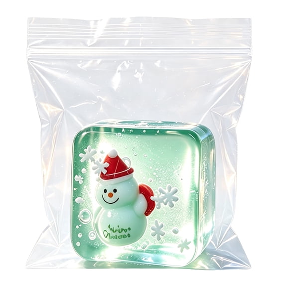 Slow Rising Squishy Ice Cube with Snowman Design and Crystal Clear High-Quality Squishy Polymer, 1 Piece, Translucent Green, for Christmas Stocking Stuffers, Squeeze Toy