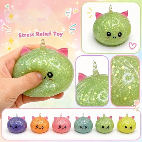Slow Rising Squishy Relaxation Toy with Unicorn Cat Design, 1 Pack, Green and Pink, for Kids and Adults, Squeeze Toy