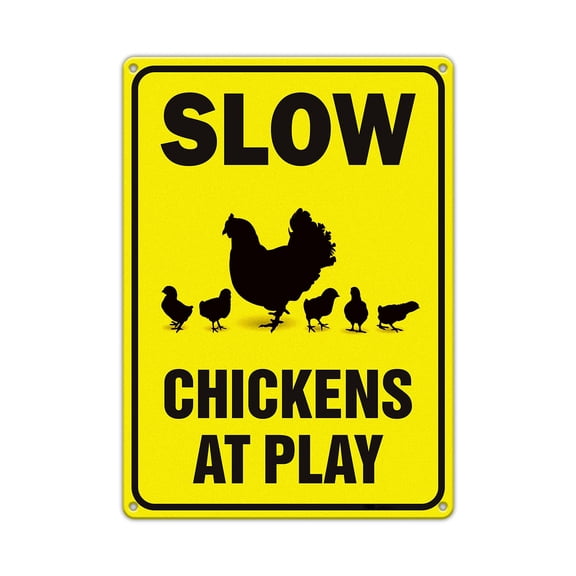 Slow Sign Chickens at Play - 8 x 12 Metal Tin Sign, Funny Yard Decor - Weather Fade UV Corrosion Resistant