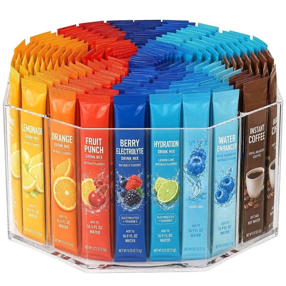 Divided Drink Packet Organizer, Rotating Turntable Organizer with 5 Compartments,Clear Lazy Susan for Water Flavor Packets,Coffee,Tea,Octagon