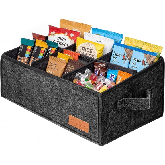Slow Slog 6-Compartment Fabric Snack Organizer Basket with Handles, Countertop Coffee Bar Storage Bin, Dark Gray