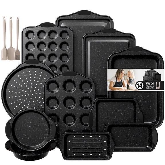 Slow Slog Nonstick Bakeware Set, 14-Piece Baking Pans Set, Stackable Baking Sheet Pans with Silicone Handles,Black&Black