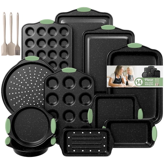 Slow Slog Nonstick Bakeware Set, 14-Piece Baking Pans Set, Stackable Baking Sheet Pans with Silicone Handles,Green&Black