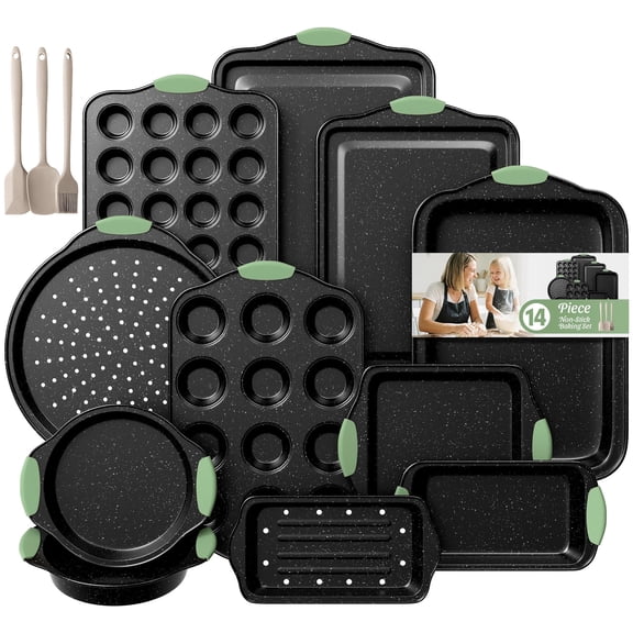 Slow Slog Nonstick Bakeware Set, 14-Piece Baking Pans Set, Stackable Baking Sheet Pans with Silicone Handles,Green&Black