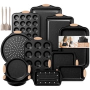 Slow Slog Nonstick Bakeware Set, 14-Piece Baking Pans Set, Stackable Baking Sheet Pans with Silicone Handles, Khaki&Black