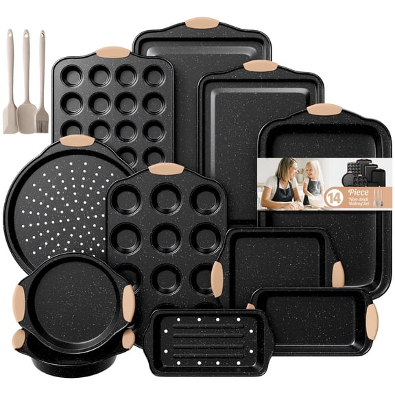 Slow Slog Nonstick Bakeware Set, 14-Piece Baking Pans Set, Stackable Baking Sheet Pans with Silicone Handles, Khaki&Black