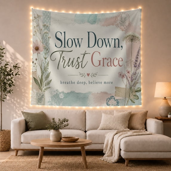 Slow Down Trust Grace in Aged Paper with Botanicals, Inspirational Watercolor for Mindfulness Lovers, Wall Art Print, Housewarming Gift Tapestry Wall Hanging for Living Room and Bedroom