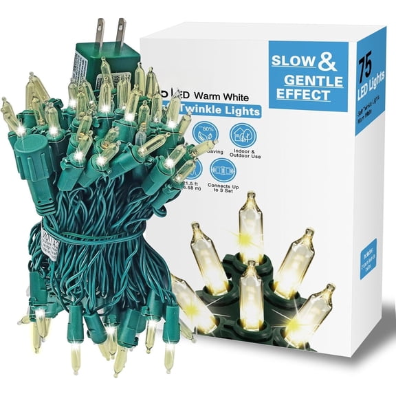 Slow Twinkle Lights 75 Gentle Twinkling Christmas Lights, UL String Lights, 37 of 75 Lights Twinkle, 28 , Connect Up to 3 Sets End to End, Indoor Outdoor Use