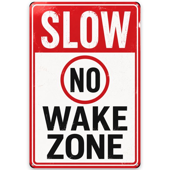 Slow No Wake Zone Metal Wall Decor Sign, Weather Resistant for Indoor Outdoor Display, Rustic Vintage Style Home Decor with Pre-Drilled Holes for Easy Hanging, 8x12 Inch