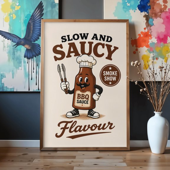 Slow and Saucy Poster | Funny BBQ Wall Art | Barbecue Sauce Print | BBQ Lover Gift | Grill Master Decor | Kitchen Art, Poster Only