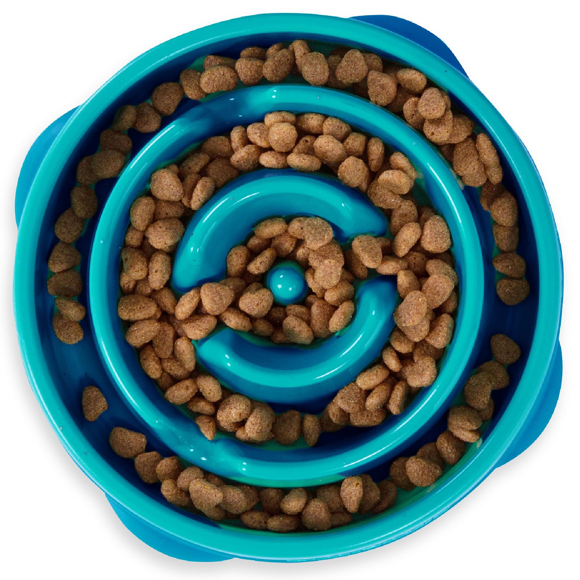Slow feed bowl, 2 cups, for small/medium pets. Non-slip maze design slows eating, aids digestion, prevents bloating. Turquoise/green pattern.
