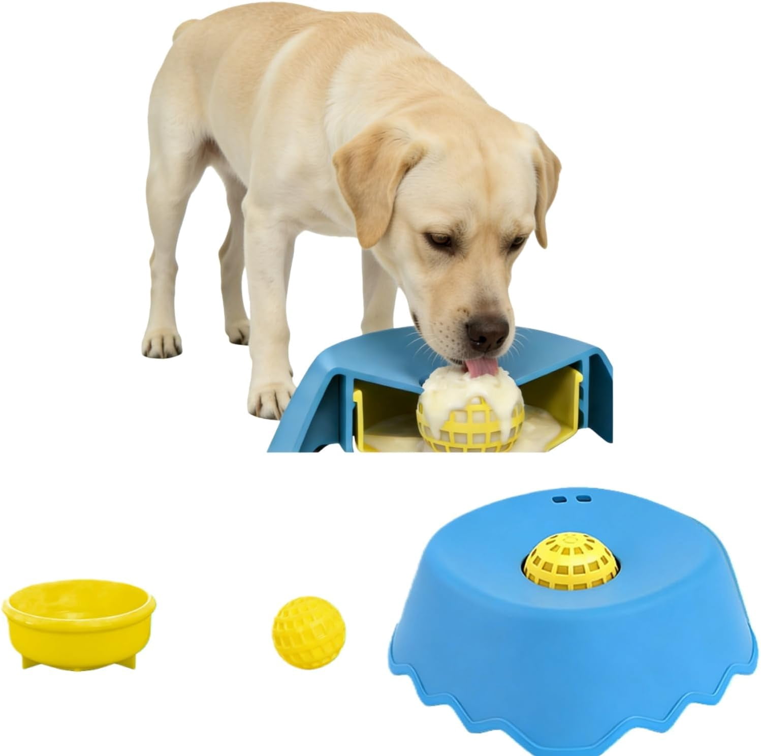 Slow feeder dog bowl (1.27 cups) with lick mat & rolling ball. Promotes healthy eating, reduces bloating. Non-slip TPE base, easy clean. Ideal for all dogs. Blue.