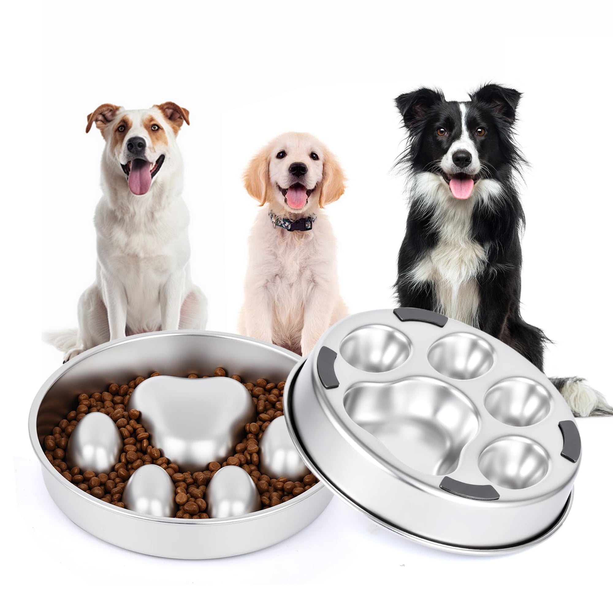 Slow feeder dog bowl stainless steel, non slip base slow eating bowl for fast eaters, raised obstacle design reduces bloat and indigestion for small medium large dogs, dishwasher safe pet bowl, siler