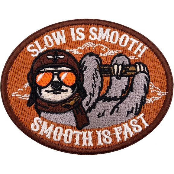 Slow is Smooth Smooth is Fast Pilot Sloth Embroidered Patch 3 in | Hook & Loop Backing, Oval Shape, Merrowed Border, Sew On Compatible, 7.6 x 6 cm