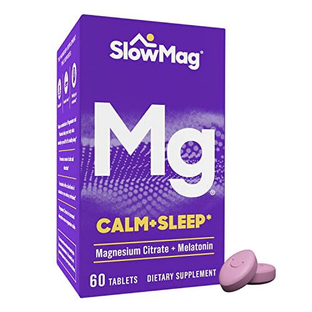 SlowMag MG Calm + Sleep Magnesium Citrate with Melatonin Supplement Tablets, 60 Count