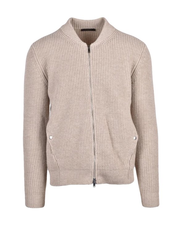 Beige Ribbed High Collar Virgin Wool Zip Cardigan (Men's)